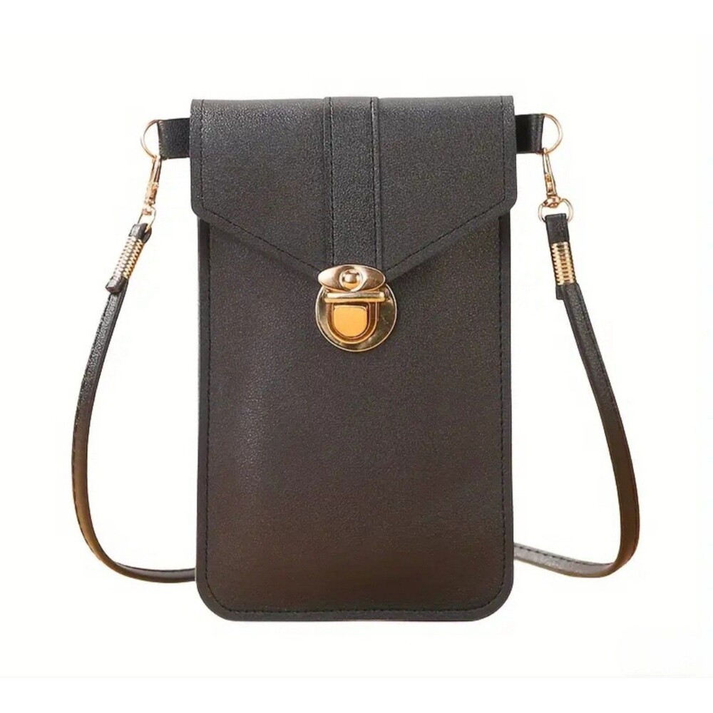 Fuaz leather black Crossbody cellphone‎ phone bag with gold latch